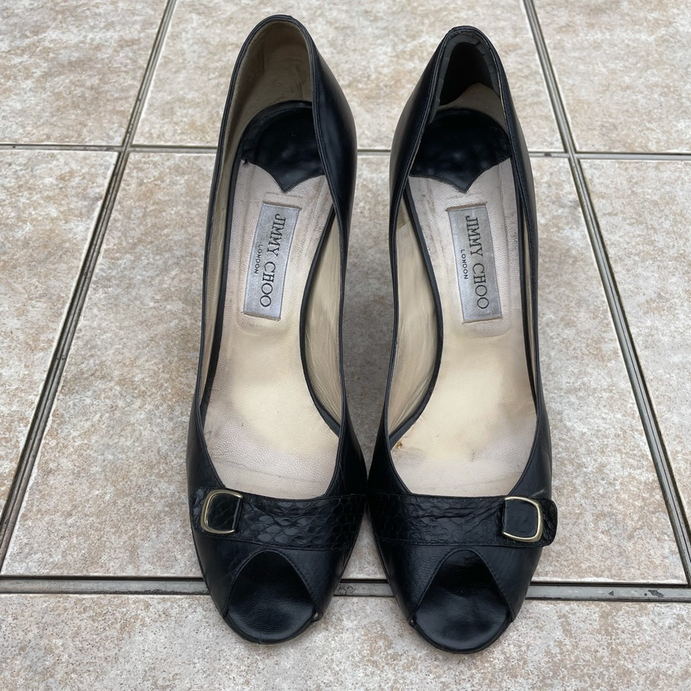 Jimmy Choo fruit kid black leather open toe heels